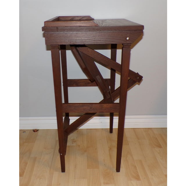 Brown Vintage Mission Solid Oak Telephone Stand Childs Desk Integrated Fold Out Stool For Sale - Image 8 of 15