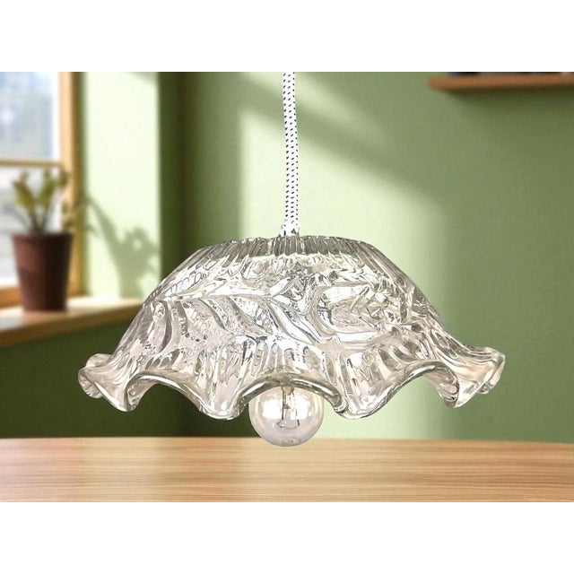 Mid-Century Modern Mid-Century Portuguese Clear Floral Glass Farmhouse Hanging Lamp For Sale - Image 3 of 10