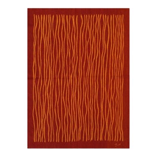 6x8 Red Flat Weave Wool Wavy Ochre Lines Geometric Modern Carpet Rug For Sale