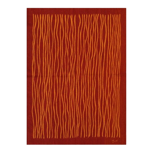 6x8 Red Flat Weave Wool Wavy Ochre Lines Geometric Modern Carpet Rug For Sale