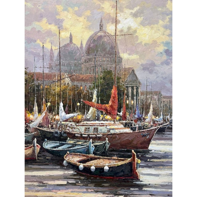 19th Century Large Vintage Signed Harbor Scene Painting For Sale - Image 5 of 13