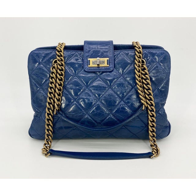 Animal Skin Chanel Blue Glazed Calfskin Quilted Tote Bag For Sale - Image 7 of 12