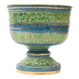 Vintage Aldo Londi for Bitossi Seta Ceramic Pedestal Bowl Sapphire Blue, Green, Gold HallmarkedAldo Londi For Sale