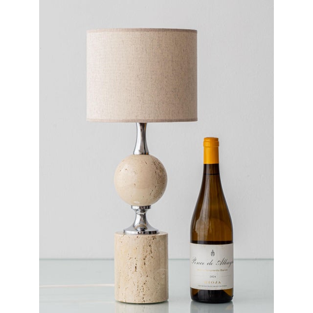 Elegant french mid-century modern travertine and chrome table lamp by philippe barbier for maison barbier, paris, circa...