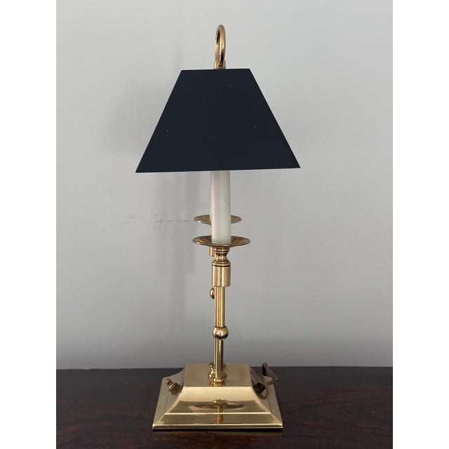 Metal Brass 2 Arm Bouillotte Lamp With Double Black Tole Shade For Sale - Image 7 of 12