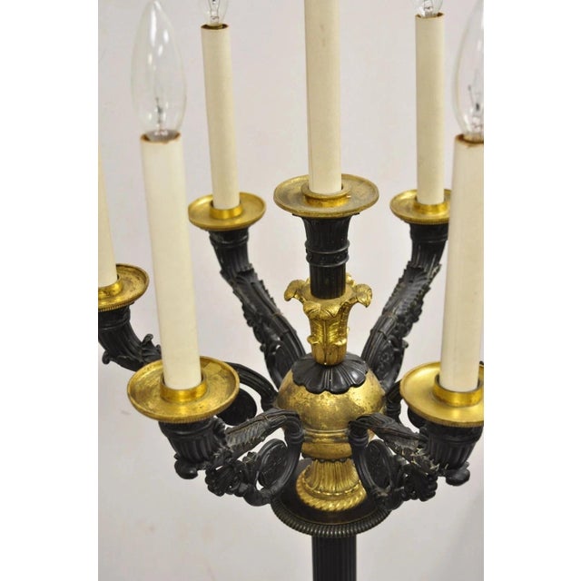 Late 19th Century French Empire Tall Bronze & Marble Lighted Candelabra Torchiere Floor Lamps - a Pair For Sale - Image 9 of 18