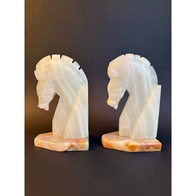 1970s Pair of Vintage White Onyx Stone Horse Bookends For Sale - Image 5 of 10