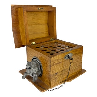 Antique 19th Century Dog Kennel Cigar Humidor Box in Wood with Metal Dog and Key, 1890s For Sale