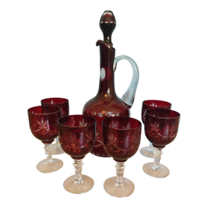 1960s Bohemian Glass Decanter Set, Ruby Red Cut to Clear- 7 Pieces