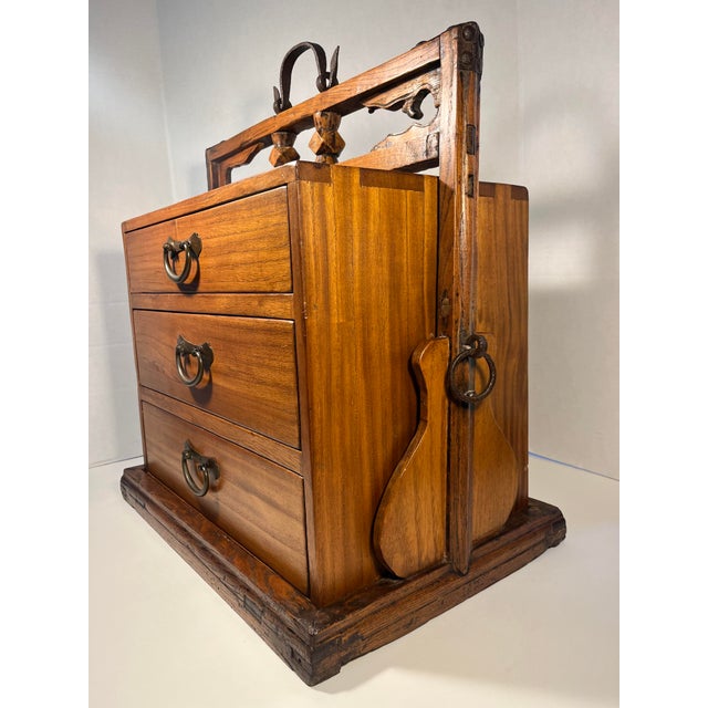 Chinese Antique Chinese Portable 3 Drawers Wedding Dowry Wooden Chest Wrought Iron For Sale - Image 3 of 13