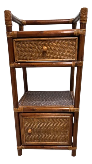 Vintage Rattan and Bamboo Two Tier, One Drawer, One Door Nightstand, Side / Drink Table Storage Cabinet