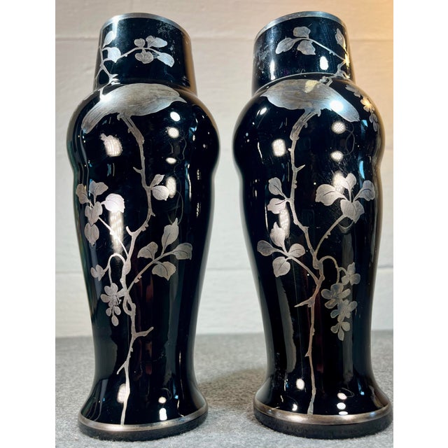 Glass Mid 20th Century Pair of Black Amethyst Art Glass Vases Marked Czechoslovakia For Sale - Image 7 of 8