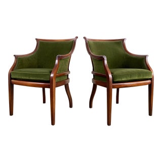 Vintage Green Velour and Cherry Wood Arm Chairs, Pair For Sale