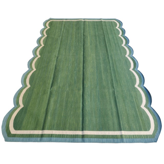 Handmade Cotton Scalloped Rug, Forest Green With Cream and Blue Border 7'x11' For Sale - Image 9 of 10