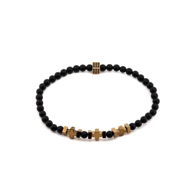 Early 21st Century Black Onyx & Gold Hematite Beaded Bracelet For Sale - Image 5 of 5