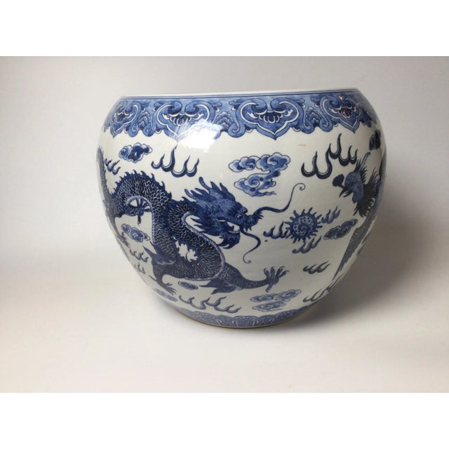 Early 20th Century Chinese Blue & White Porcelain Dragon & Phoenix Bird Jardinière Planter For Sale - Image 4 of 9