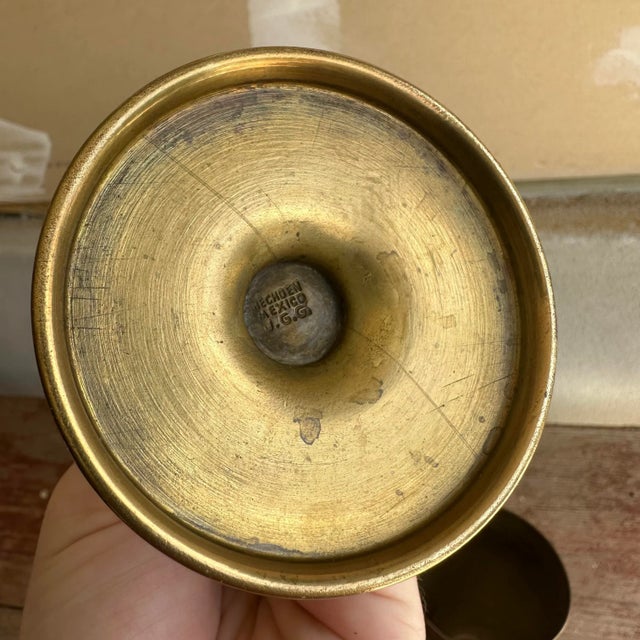 Vintage Mexico artisan made brass goblets. Stamped hecho en Mexico J. G. G. Would look beautiful displayed on shelf, used...