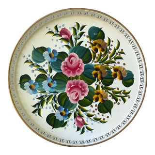 Vintage White Tole Round Tray For Sale