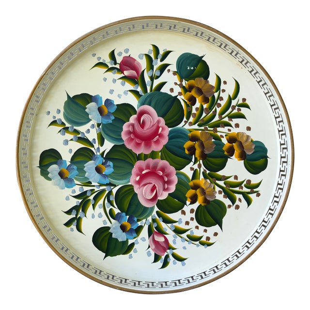 Vintage White Tole Round Tray For Sale