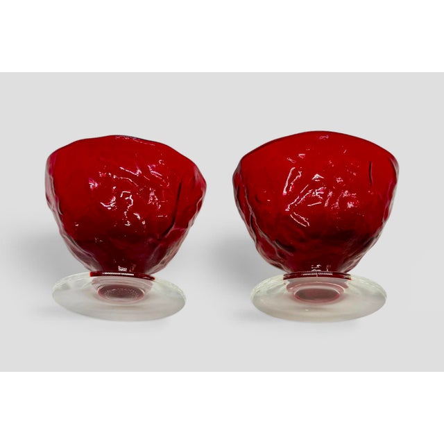Mid-Century Modern Vintage Seneca Glass Driftwood Casual Pattern 3” Ruby Red Champagne Coupes Tall Footed Sherbets - A Pair For Sale - Image 3 of 12