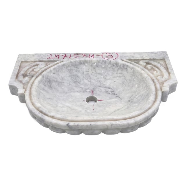 Banswara White Marble Wall-Mounted Sink With Carved Detail For Sale