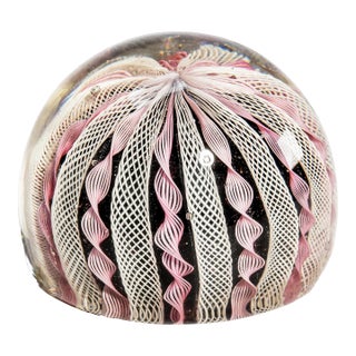 Lovely Vintage Murano Italy Fratelli Toso Latticino Ribbon Glass Paperweight Pink White Blue Art Glass Home Decor For Sale