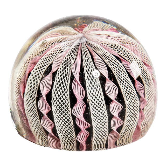 Lovely Vintage Murano Italy Fratelli Toso Latticino Ribbon Glass Paperweight Pink White Blue Art Glass Home Decor For Sale