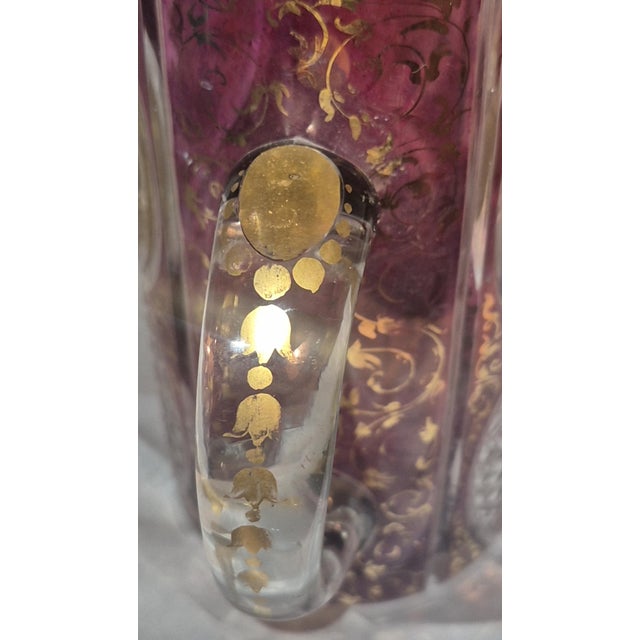 Antique Edwardian Bohemian Cut Crystal Amethyst Overlay, Raised 24k Gold Gilt Pitcher For Sale - Image 11 of 11