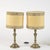 Pair of turned brass lamps, electrified lamps complete with 20th century fabric hood, measures 20.5 x h 42 category of...