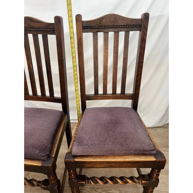 Brown Antique Chairs Set of Four, Barley Twist Accent, Solid Oak, Lavender Seats For Sale - Image 8 of 11