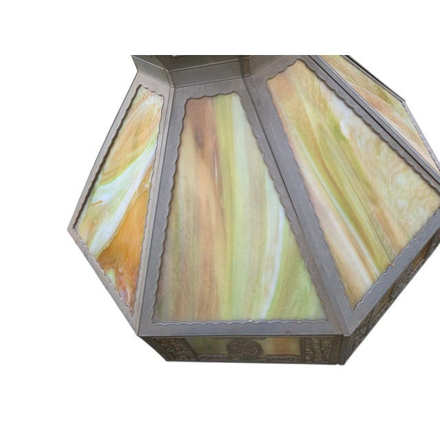 Antique Lamp Shade Green Slag Glass Hanging Light Chandelier Sarama For Sale - Image 14 of 18