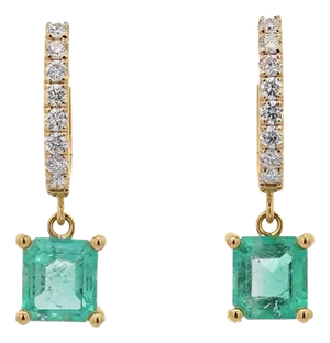 2.19 Carat Square Emerald & Diamond 18k Gold Dangling Huggie Earrings, A Pair