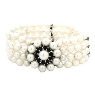Vintage Retro Multi-Strand Pearl and Sapphire 14k White Gold Bracelet For Sale