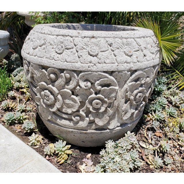 Contemporary Vintage Stone Carved Balinese Garden Pot For Sale - Image 3 of 12