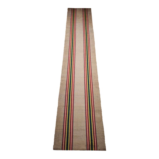 Vintage American Rag Runner, Handwoven Wool & Cotton, Stripe Pattern, 3x16 For Sale