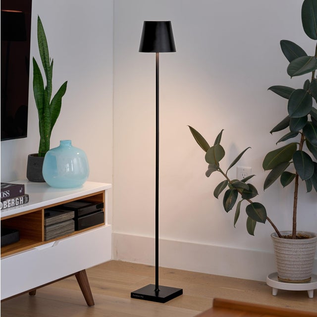 Battery-operated and rechargeable portable floor and/or table lamp. The lamp features dimming touch control and has 3-CCT...