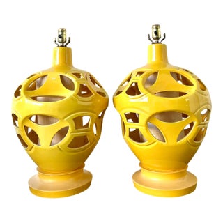 Vintage Glazed Ceramic Cutout Lamps - A Pair For Sale
