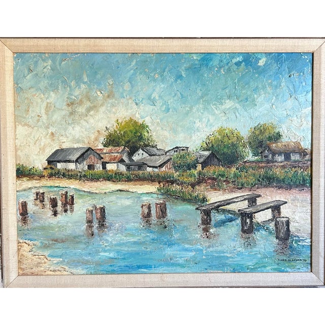 Impressionist Vintage 1959 Impressionist Oil Painting of a Coastal Beach Village in Carved Wood Frame For Sale - Image 3 of 8