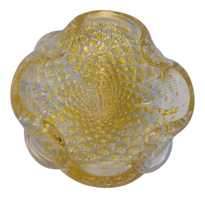 Murano Golden Art Glass Controlled Swirled Bubbles Crystal Bowl