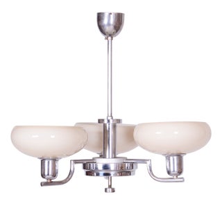 Bauhaus Chandelier in Chrome-Plated Steel and Opaline Glass, Czech, 1930s For Sale