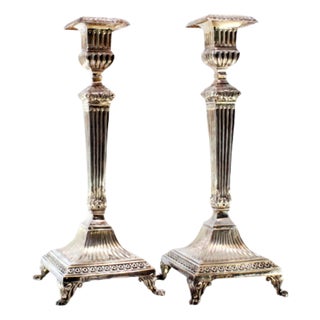 Silver Candlesticks with Fluted Friezes, Square Shafts and Raised Feet, Set of 2 For Sale