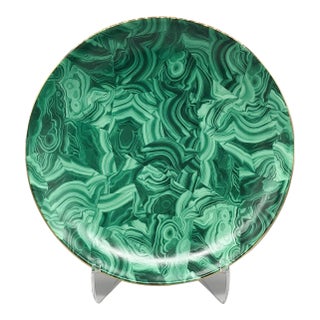 Oversized Contemporary Faux Malachite Charger/ Platter/ Bowl With Gold Accents and Acrylic Stand For Sale