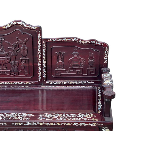 Chinese Red Rosewood & Mother of Pearl Bench For Sale - Image 10 of 12