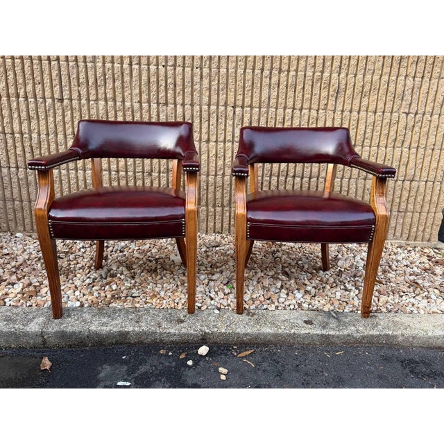 English Late 20th Century Hickory Leather Company Set of Four Vintage Burgundy/ Oxblood Vinyl Brass Nailhead Armchairs For Sale - Image 3 of 11