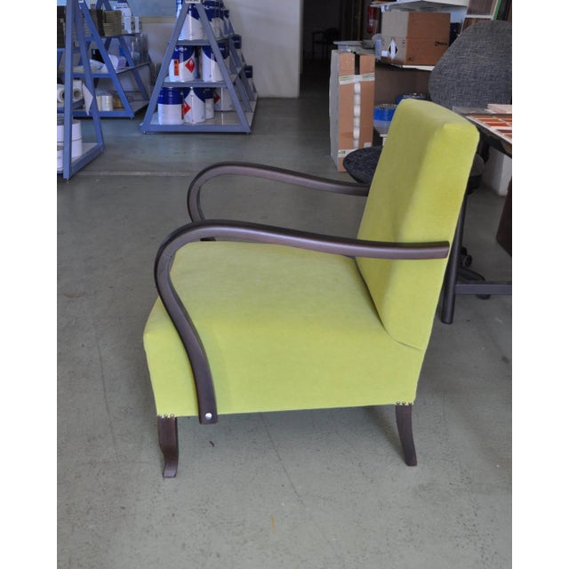 - An Art Deco green armchair, circa 1920s - Restored and re-upholstered - The fabric of the trim is washable