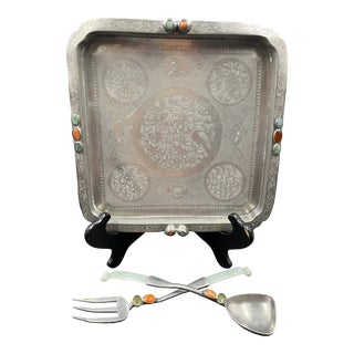 Chinese Silver Serving Tray & Serving Fork & Spoon For Sale