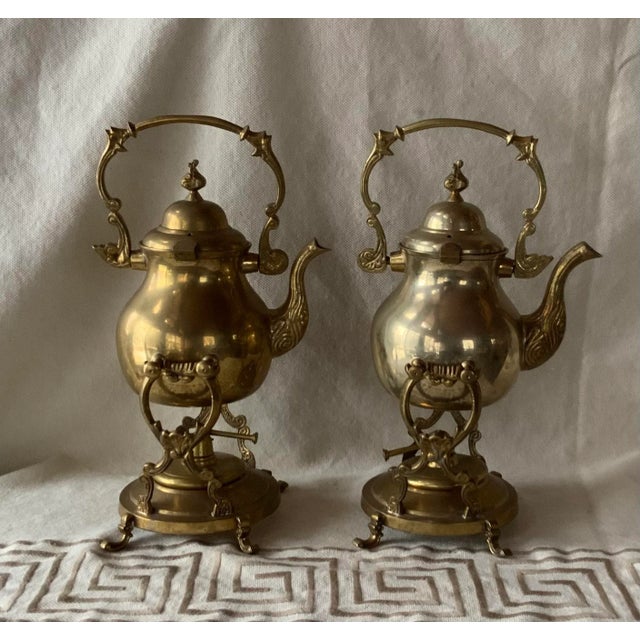 Pair of Mid-Century Turkish Brass Coffee Pots With Warming Stands - Handmade c.1950s, Diplomatic Provenance For Sale - Image 11 of 12
