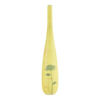 Artisan Tall Yellow Ceramic Vase with Hand-Painted Floral Motif, Sold As Is For Sale