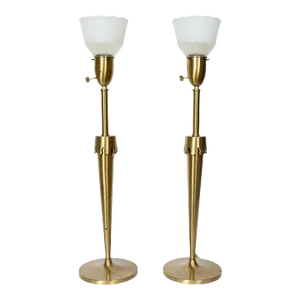 Rembrandt Lighting Co. Parzinger Style Brass Candlestick Torch Table Lamps - A Pair