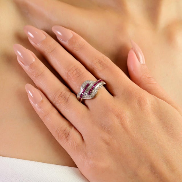 Chunky 0.96 Carat Ruby & Diamond Intertwined Band Ring in 925 Silver Wedding Gift - Size 7 For Sale - Image 4 of 10